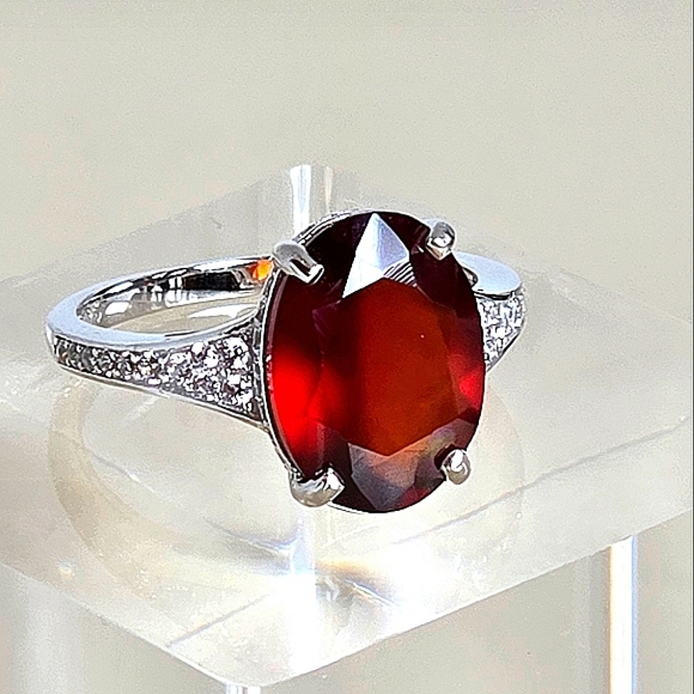 925 Sterling Silver Ring with Natural Hessonite Garnet Gem & CZ